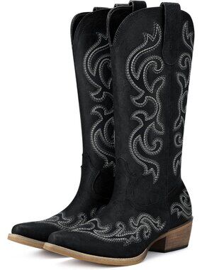Women's Black Synthetic Rubber Western Cowgirl Mid Calf Chunky Heeled Boots